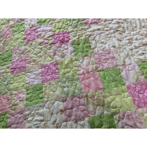 Handmade Patchwork Baby Quilt Pink & Green Floral /Star / Heart Reversible - Picture 7 of 16